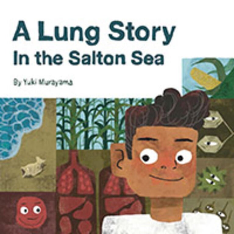 The cover of the booklet in English: The title, A Lung Story in the Salton Sea takes up the upper right corner; there are then images of crops and runoff and dead fish and at the center left is the image of a young boy with light brown skin and dark brown hair wearing a white shirt